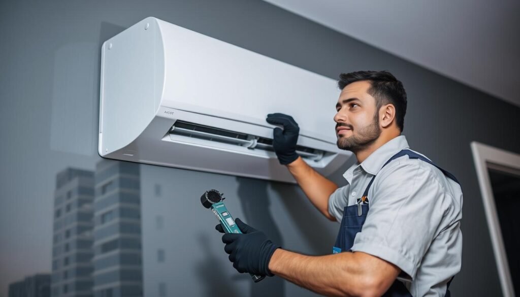 صورة خارجية فوق سطح بناية سكنية أو تجارية في منطقة الرقعي بالكويت، تظهر فني تكييف ماهراً يرتدي زي العمل ومعه حقيبة المعدات وهو يقوم بفحص مروحة التبريد الخارجية لوحدة تكييف مركزي (Central Package Unit). يظهر في الخلفية الطابع العمراني للمنطقة، مما يعكس سرعة الوصول والخدمة الفورية للسكان.