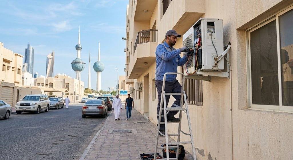 فني تكييف محترف يقوم بفحص وصيانة مكيف الهواء بدقة وإتقان باستخدام أحدث المعدات ضمن خدمات فني تكييف القرين بالكويت لضمان كفاءة التبريد وراحة العملاء.