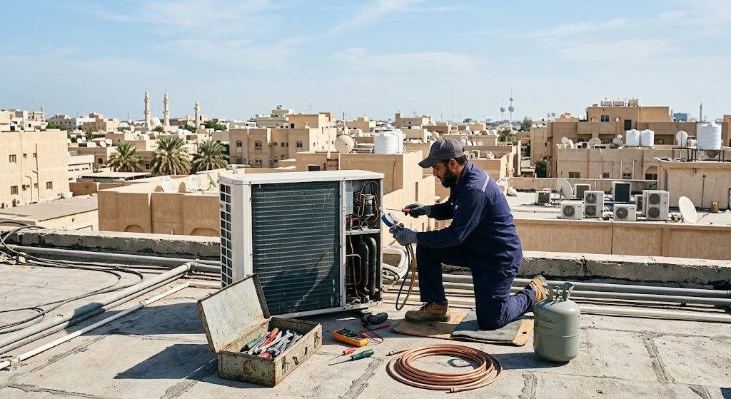 فني محترف يقوم بفحص وصيانة المكيفات بدقة وإتقان باستخدام أحدث المعدات ضمن خدمات فني تكييف جابرالعلى بالكويت لضمان أعلى كفاءة للتبريد وراحة العملاء.