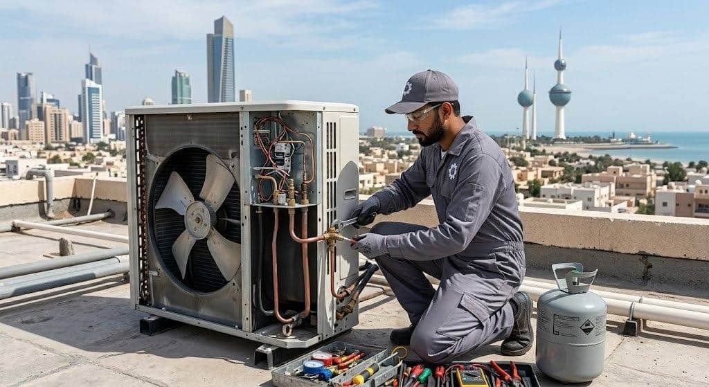 فني محترف يقوم بأعمال فحص وتنظيف وصيانة المكيفات بدقة وأمان باستخدام أحدث المعدات ضمن خدمات فني تكييف الشعب بالكويت لضمان هواء نقي وتبريد مثالي وراحة العملاء.