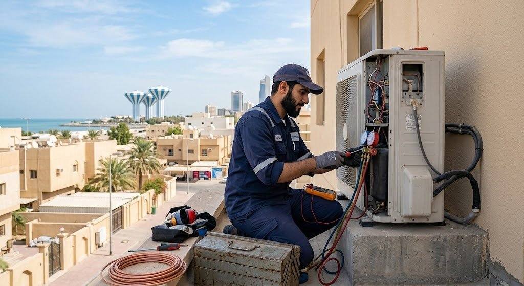 فني محترف يقوم بفحص وصيانة المكيفات بدقة وأمان باستخدام أحدث المعدات ضمن خدمات فني تكييف الدوحة بالكويت لضمان كفاءة التبريد العالية وراحة العملاء.