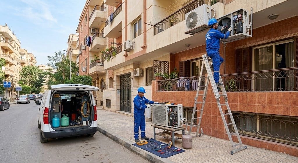 فني محترف يقوم بأعمال فحص وتنظيف وصيانة المكيفات بدقة وأمان باستخدام أحدث المعدات ضمن خدمات فني تكييف المسايل بالكويت لضمان أعلى كفاءة تبريد وراحة العملاء.