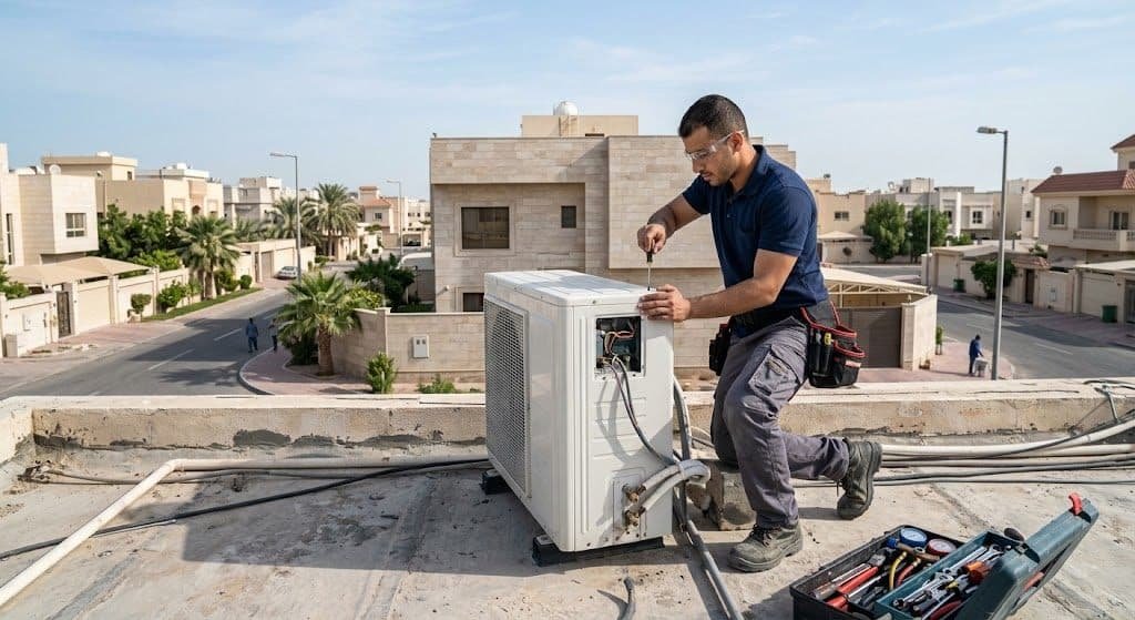 فني محترف يقوم بأعمال فحص وتنظيف وصيانة المكيفات بدقة وأمان باستخدام أحدث المعدات ضمن خدمات فني تكييف غرناطة النزهة لضمان كفاءة التبريد وراحة العملاء.