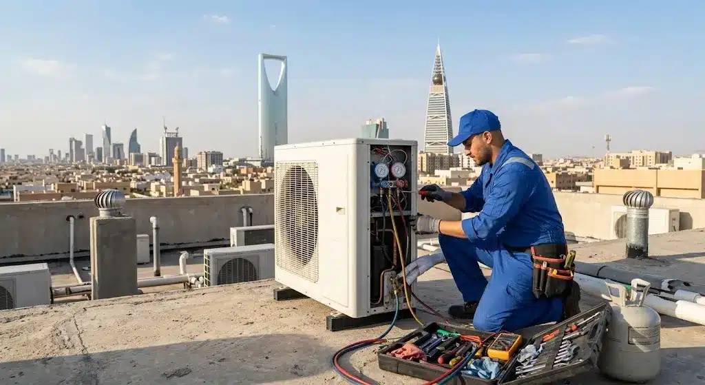 فني محترف يقوم بأعمال فحص وصيانة وتصليح مكيفات الهواء بدقة وأمان باستخدام أحدث المعدات ضمن خدمات فني تكييف المنطقة العاشرة لضمان كفاءة التبريد وراحة العملاء.