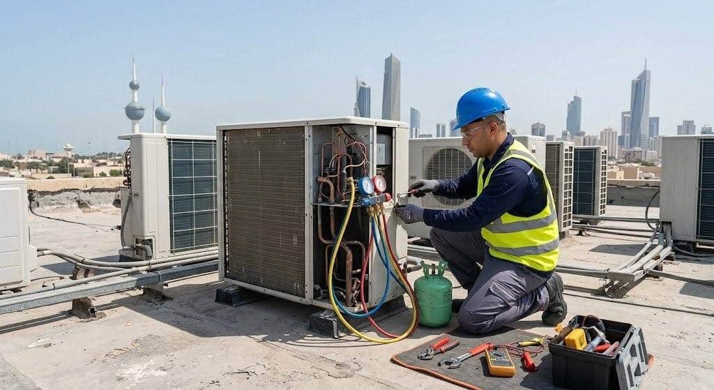 فني محترف يقوم بأعمال فحص وتنظيف وصيانة المكيفات بدقة وأمان باستخدام أحدث المعدات وقطع الغيار الأصلية ضمن خدمات فني تكييف غرناطة بالكويت لضمان كفاءة التبريد وراحة العملاء.